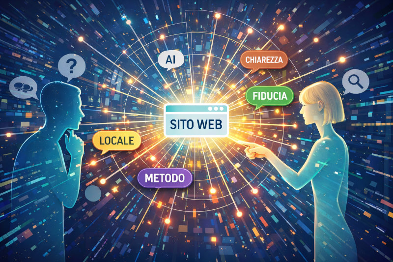 Illustrazione digitale di un dialogo sulla visibilità online in ambito salute, con sito web al centro e concetti di AI, metodo e fiducia collegati.